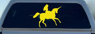 Woman Riding Unicorn Sci Fi Car or Truck Window Vinyl Decal Sticker (Yellow)