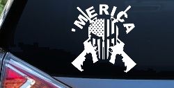 MERICA Punisher Skull US American Flag Crossed AR15 Guns Car or Truck Window Decal Sticker