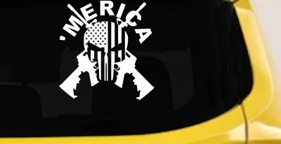MERICA Punisher Skull US American Flag Crossed AR15 Guns Car or Truck Window Vinyl Decal Sticker