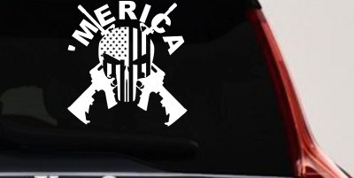 MERICA Punisher Skull US American Flag Crossed AR15 Guns Car or Truck Window Vinyl Decal Sticker