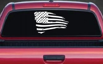Distressed Tethered Worn US American Flag  Patriotic Car or Truck Window Decal Sticker