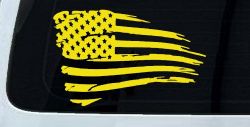 Distressed Tethered Worn US American Flag  Patriotic Car or Truck Window Decal Sticker (Yellow)