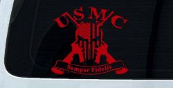 USMC Semper Fidelis Punisher Skull US Flag Crossed AR15 Guns Military Car or Truck Window Decal Sticker (Red)