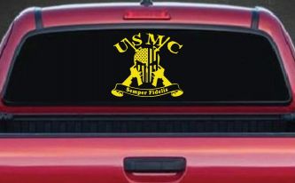 USMC Semper Fidelis Punisher Skull US Flag Crossed AR15 Guns Military Car or Truck Window Vinyl Decal Sticker (Yellow)