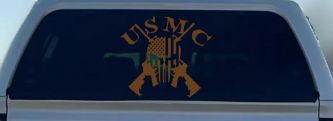 USMC Punisher Skull US Flag Crossed AR15 Guns Military Car or Truck Window Decal Sticker (Copper)