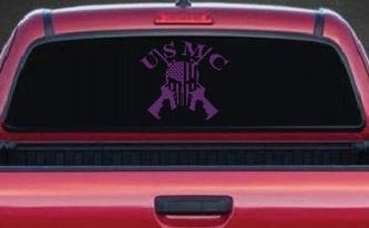 USMC Punisher Skull US Flag Crossed AR15 Guns Military Car or Truck Window Decal Sticker (Violet)