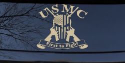 USMC United States Marine Corps First to Fight Punisher Skull US Flag Crossed AR15 Guns Military Car or Truck Window Vinyl Decal Sticker (Desert Sand)