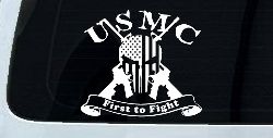 USMC United States Marine Corps First to Fight Punisher Skull US Flag Crossed AR15 Guns Military Car or Truck Window Decal Sticker