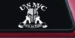 USMC United States Marine Corps First to Fight Punisher Skull US Flag Crossed AR15 Guns Military Car or Truck Window Decal Sticker