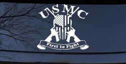 USMC United States Marine Corps First to Fight Punisher Skull US Flag Crossed AR15 Guns Military Car or Truck Window Decal Sticker