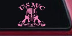 USMC United States Marine Corps Esprit de Corps Punisher Skull US Flag Crossed AR15 Guns Military Car or Truck Window Decal Sticker (Pink)
