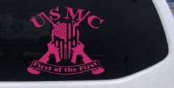 USMC United States Marine Corps First of the First Punisher Skull US Flag Crossed AR15 Guns Military Car or Truck Window Vinyl Decal Sticker (Hot Pink)