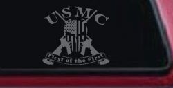USMC United States Marine Corps First of the First Punisher Skull US Flag Crossed AR15 Guns Military Car or Truck Window Decal Sticker (Silver)