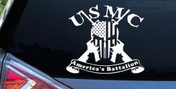 USMC United States Marine Corps Americas Battalion Punisher Skull US Flag Crossed AR15 Guns Military Car or Truck Window Decal Sticker