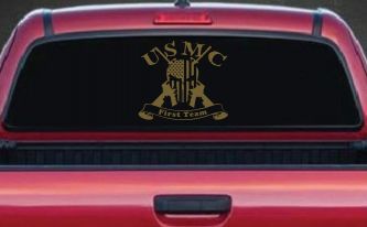 USMC United States Marine Corps First Team Punisher Skull US Flag Crossed AR15 Guns Military Car or Truck Window Decal Sticker (Gold)