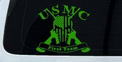 USMC United States Marine Corps First Team Punisher Skull US Flag Crossed AR15 Guns Military Car or Truck Window Decal Sticker (Lime)