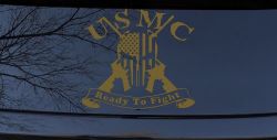 USMC United States Marine Corps Ready To Fight Punisher Skull US Flag Crossed AR15 Guns Military Car or Truck Window Decal Sticker (Gold)