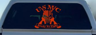 USMC United States Marine Corps Ready To Fight Punisher Skull US Flag Crossed AR15 Guns Military Car or Truck Window Decal Sticker (Orange Red)