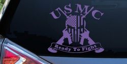 USMC United States Marine Corps Ready To Fight Punisher Skull US Flag Crossed AR15 Guns Military Car or Truck Window Decal Sticker (Purple)