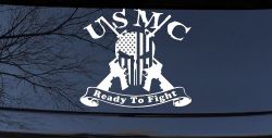 USMC United States Marine Corps Ready To Fight Punisher Skull US Flag Crossed AR15 Guns Military Car or Truck Window Decal Sticker