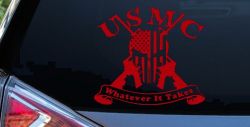 USMC United States Marine Corps Whatever It Takes Punisher Skull US Flag Crossed AR15 Guns Military Car or Truck Window Decal Sticker (Red)