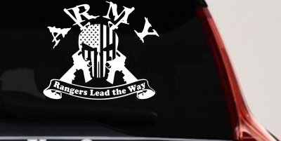 ARMY Rangers Lead the Way Punisher Skull US American Flag Crossed AR15 Guns Military Car or Truck Window Vinyl Decal Sticker