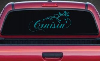 Cruisin With Swirl Hearts and Vines Car or Truck Window Vinyl Decal Sticker (Turquoise Blue)