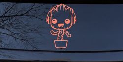Baby Groot Dancing With Headphones Car or Truck Window Decal Sticker (Coral)