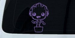 Baby Groot Dancing With Headphones Car or Truck Window Decal Sticker (Purple)