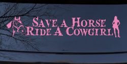 Save a Horse Ride a Cowgirl Western Rodeo Farm Ranch Car or Truck Window Decal Sticker (Pink)