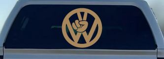 VW Volkswagen with Peace Sign Hand Car or Truck Window Decal Sticker (Light Brown)