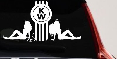 Kenworth KW with Mudflap Angel and Devil Good and Bad Girls Car or Truck Window Vinyl Decal Sticker
