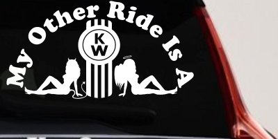 My Other ride Is A Kenworth with KW and Mudflap Good Angel and Bad Devil Twin Girls Car or Truck Window Vinyl Decal Sticker