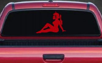Boba Fett Mudflap Girl Sci Fi Car or Truck Window Decal Sticker (Red)