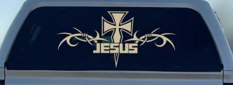 Tribal Barbed Wire Jesus With Cross  Christian Car or Truck Window Decal Sticker (Desert Sand)