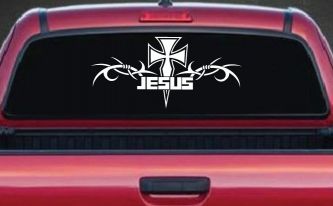Tribal Barbed Wire Jesus With Cross  Christian Car or Truck Window Decal Sticker
