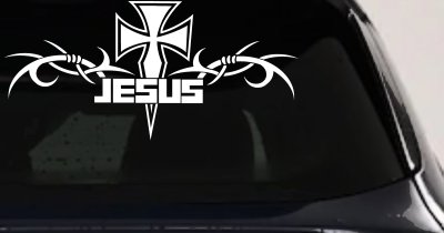 Tribal Barbed Wire Jesus With Cross  Christian Car or Truck Window Vinyl Decal Sticker (White)