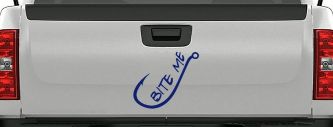 Bite me Funny Fishing Hook Fishing Car or Truck Window Vinyl Decal Sticker (Navy)