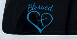Blessed with Heart and Cross Christian Car or Truck Window Vinyl Decal Sticker (Blue)
