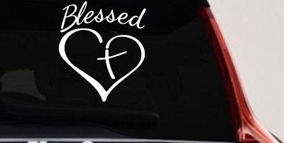 Blessed with Heart and Cross Christian Car or Truck Window Vinyl Decal Sticker