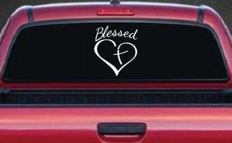 Blessed with Heart and Cross Christian Car or Truck Window Decal Sticker