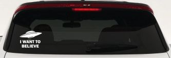 I Want To Believe Alien Flying Saucer Car or Truck Window Decal Sticker (White)