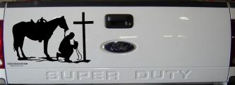 Cowboy and Horse Praying at Cross Country Car or Truck Window Decal Sticker (Black)