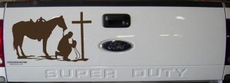 Cowboy and Horse Praying at Cross Country Car or Truck Window Decal Sticker (Brown)