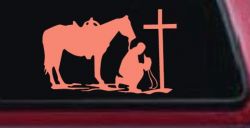 Cowboy and Horse Praying at Cross Country Car or Truck Window Decal Sticker (Coral)