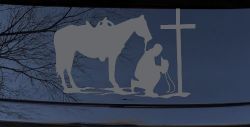 Cowboy and Horse Praying at Cross Country Car or Truck Window Decal Sticker (Silver)