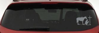 Cowboy and Horse Praying at Cross Country Car or Truck Window Decal Sticker (Telegrey)