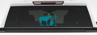 Cowboy and Horse Praying at Cross Country Car or Truck Window Vinyl Decal Sticker (Turquoise Blue)