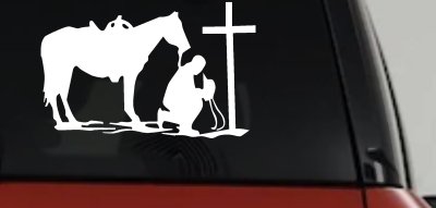 Cowboy and Horse Praying at Cross Country Car or Truck Window Vinyl Decal Sticker