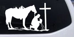 Cowboy and Horse Praying at Cross Country Car or Truck Window Decal Sticker